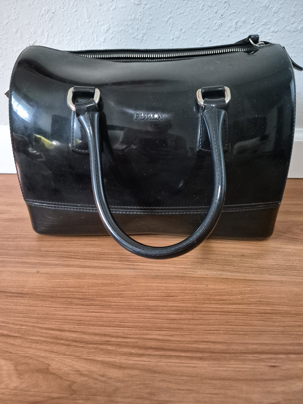 Furla Candy Glossy Black Handbag with Top Handles